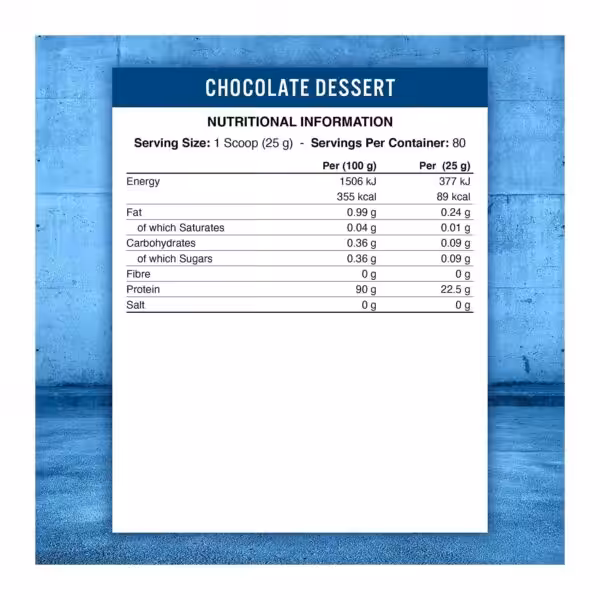 Nutritional information for Chocolate Dessert flavor: 89 kcal and 22.5g protein per 25g serving