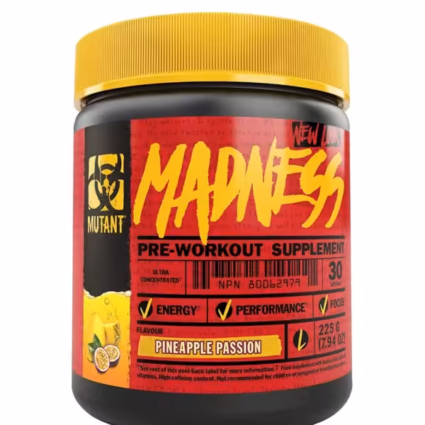 Mutant Madness Pre-Workout Supplement in Pineapple Passion flavor, 30 servings, 225g