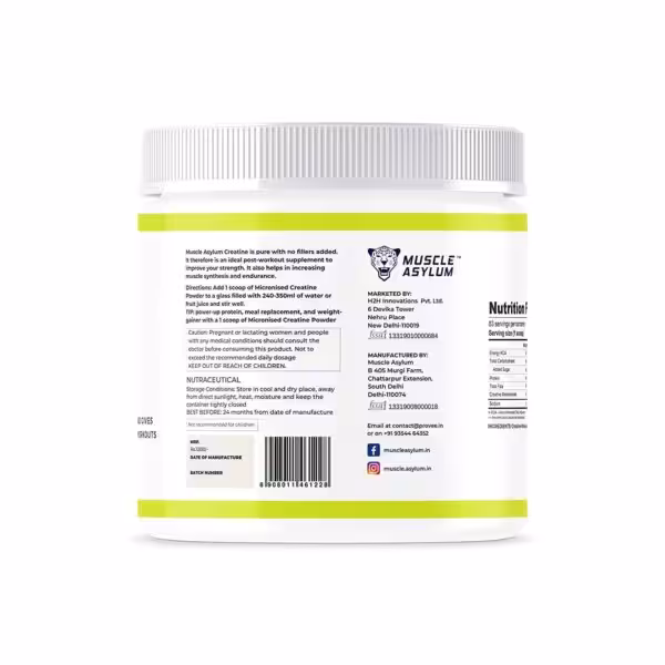 Back label of Muscle Asylum Creatine with directions, nutrition facts, ingredients, and safety warnings