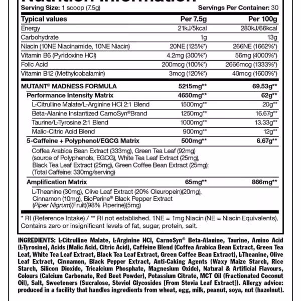 Nutrition Information label for Mutant Madness including serving size, vitamin content, and ingredient matrices