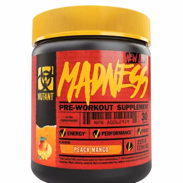 Mutant Madness Pre-Workout Supplement in Peach Mango flavor, 30 servings, 225g