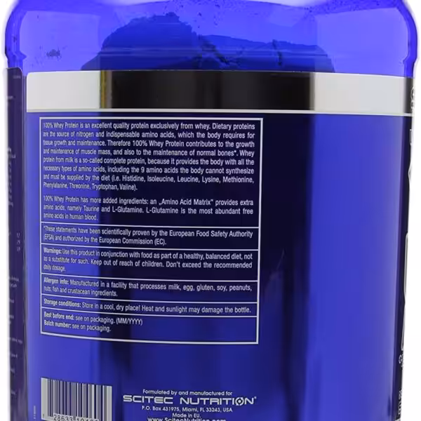 Back label of Scitec Nutrition 100% Whey Protein showing product information, warnings, and allergen info