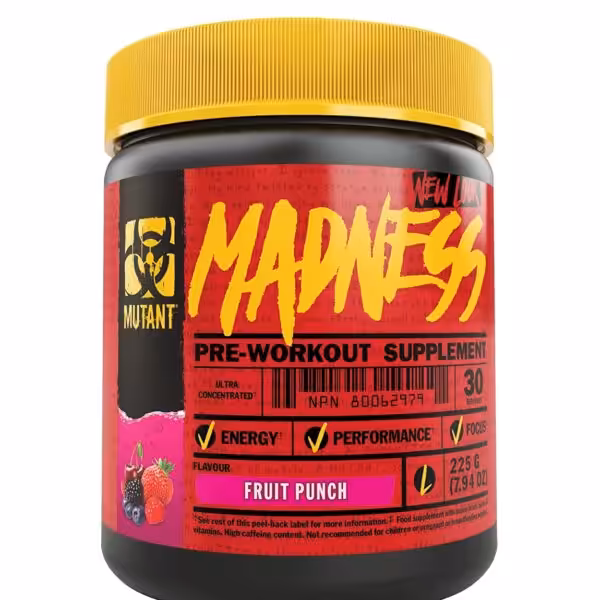 Mutant Madness Pre-Workout Supplement, Fruit Punch flavor, 30 servings