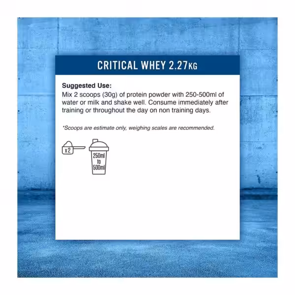 Suggested Use: Mix 2 scoops (30g) with 250-500ml water or milk and shake well. Consume after training or on non-training days