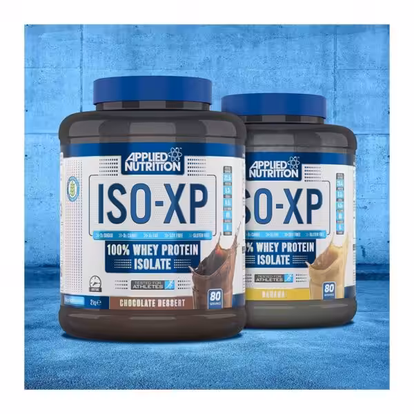 Applied Nutrition ISO-XP 100% Whey Protein Isolate in Chocolate Dessert and Banana flavors