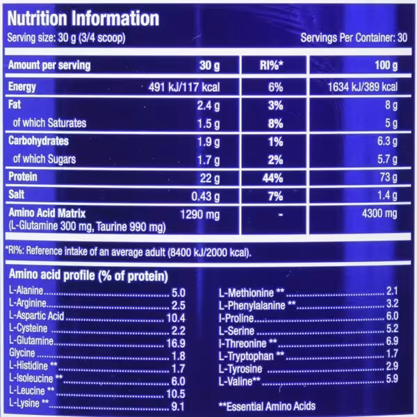 Nutrition Information: 30g serving provides 117 kcal, 22g protein, 2.4g fat, 1.9g carbs, and detailed amino acid profile