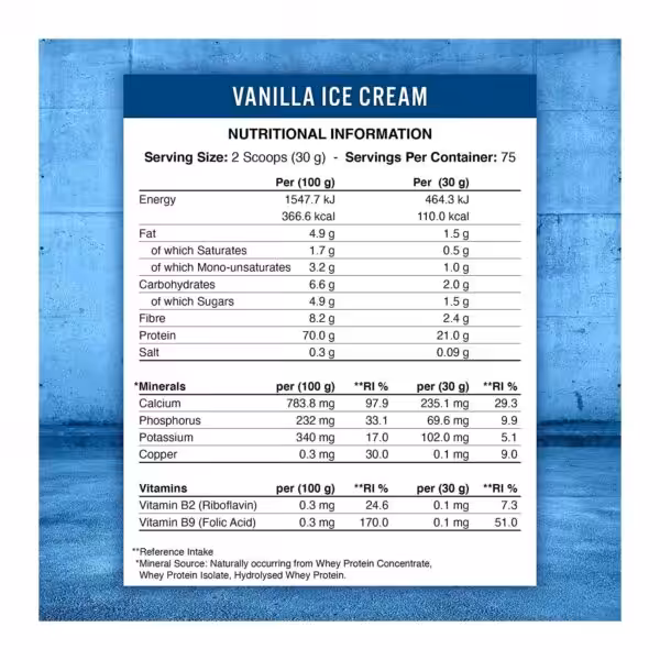 Nutritional information for Vanilla Ice Cream flavor. Per 30g serving: 110 kcal, 21g protein, 1.5g fat, and 2g carbs