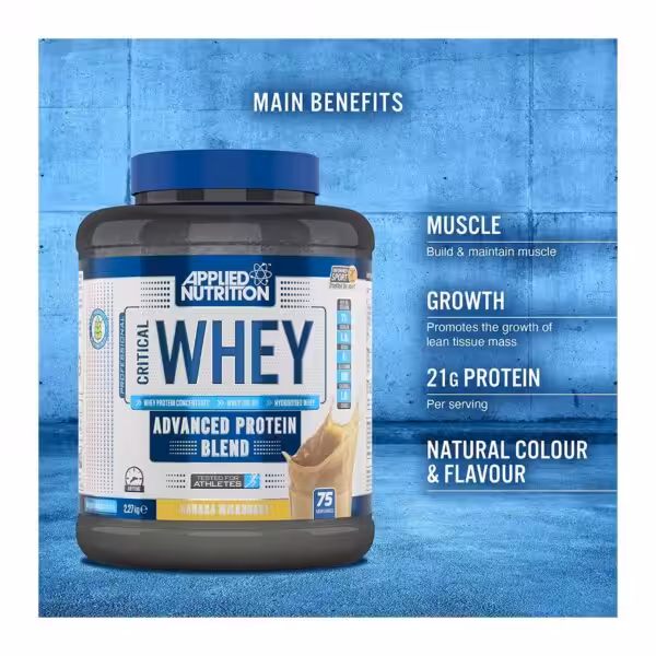 Applied Nutrition Critical Whey benefits: muscle building, growth, 21g protein per serving, natural color and flavor