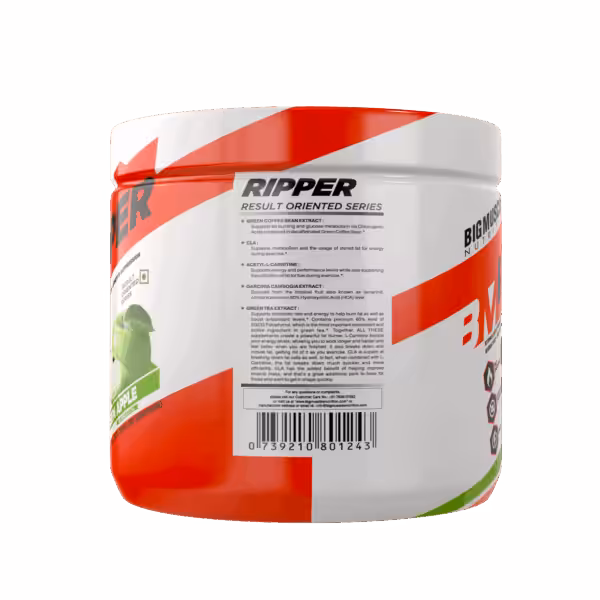 Back label of Bigmuscles Nutrition Ripper showing ingredients: Green Coffee Bean, CLA, L-Carnitine, Garcinia, and Green Tea