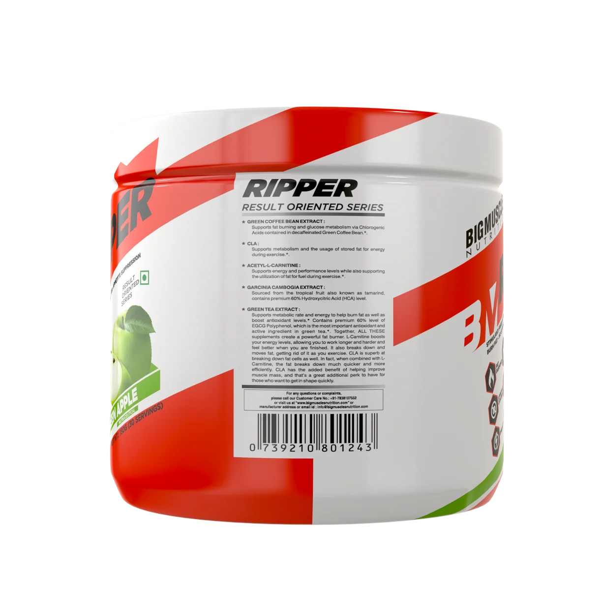 Back label of Bigmuscles Nutrition Ripper showing ingredients: Green Coffee Bean, CLA, L-Carnitine, Garcinia, and Green Tea