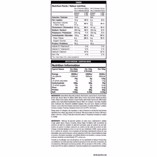 Nutrition facts and ingredients for Mutant Muscle Mass Gainer. 1100 calories and 56g protein per 4 scoops