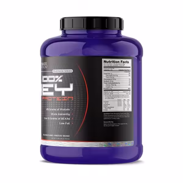 Ultimate Nutrition Prostar 100% Whey Protein tub with 25g protein, 6g BCAAs, and Nutrition Facts panel