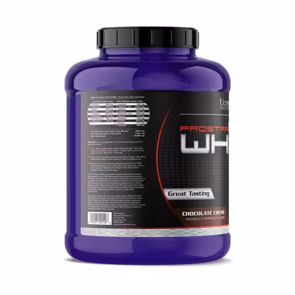 Back label of Ultimate Nutrition Prostar 100% Whey Chocolate Crème showing amino acid profile and usage directions