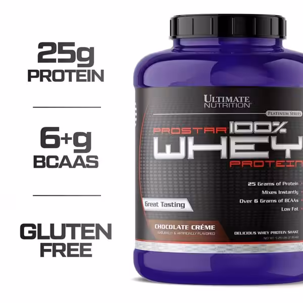 Ultimate Nutrition Prostar 100% Whey Protein, Chocolate Crème. 25g protein, 6+g BCAAs, and gluten free