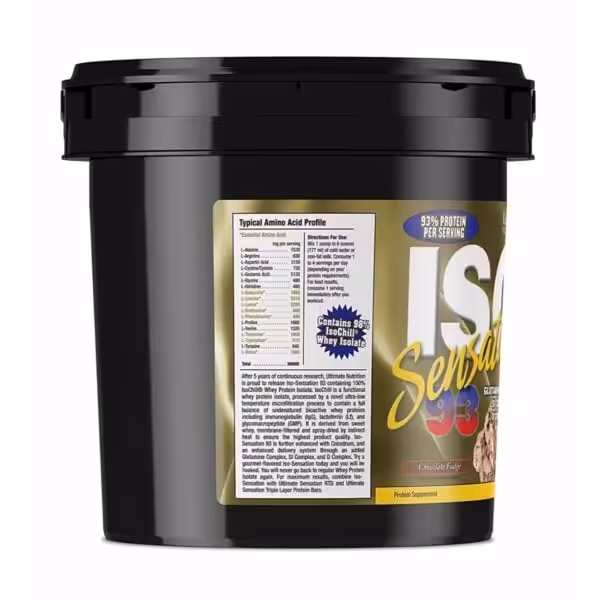 ISO Sensation 93 Chocolate Fudge label with amino acid profile, directions, and 93% protein per serving