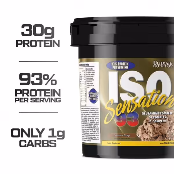 Ultimate Nutrition ISO Sensation 93 Chocolate Fudge, 5lb. 30g protein, 93% protein per serving, and only 1g carbs