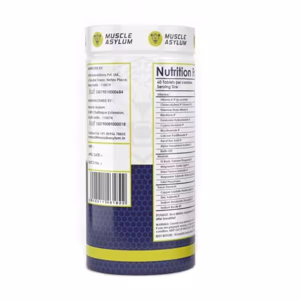 Muscle Asylum Multivitamin label showing nutrition facts, ingredients, dosage instructions, and manufacturer information
