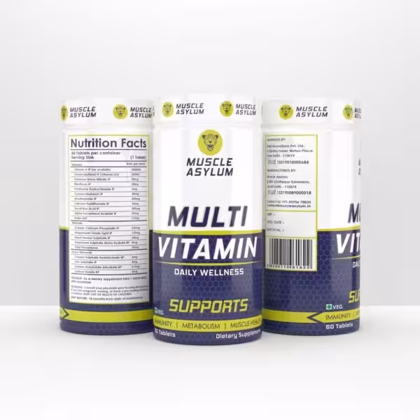 Muscle Asylum Multivitamin Daily Wellness bottle showing front label and Nutrition Facts panel