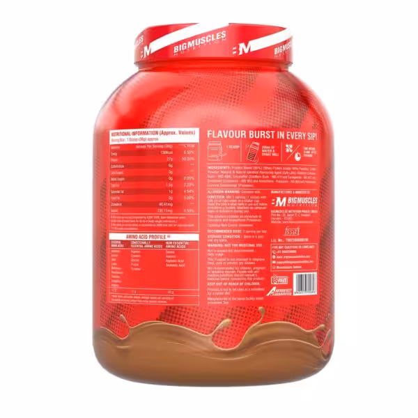 Nutritional facts and ingredients label for BigMuscles Nutrition protein powder, featuring 27g of protein per serving