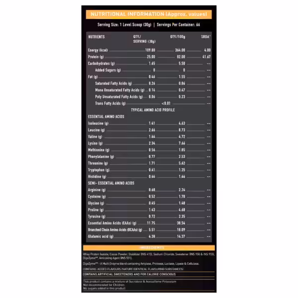 Nutritional facts and ingredients. Per 30g serving: 109 kcal, 25g protein, 1.65g carbs. Includes amino acid profile