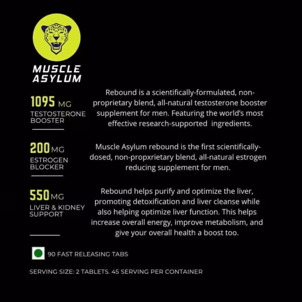 Muscle Asylum Rebound: 1095mg testosterone booster, 200mg estrogen blocker, 550mg liver/kidney support. 90 tablets