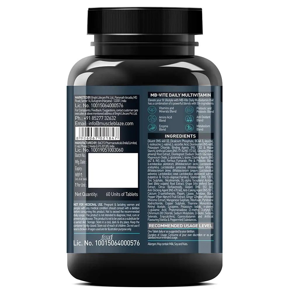 MuscleBlaze MB-VITE Multivitamin back label with ingredients, 60 tablets, and recommended usage