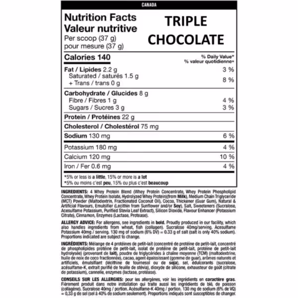 Nutrition facts for Triple Chocolate protein powder. Per 37g scoop: 140 calories, 22g protein, 8g carbs, 2.2g fat