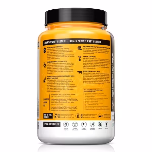 Back label of Avvatar Whey Protein tub detailing product benefits, serving suggestions, and usage instructions