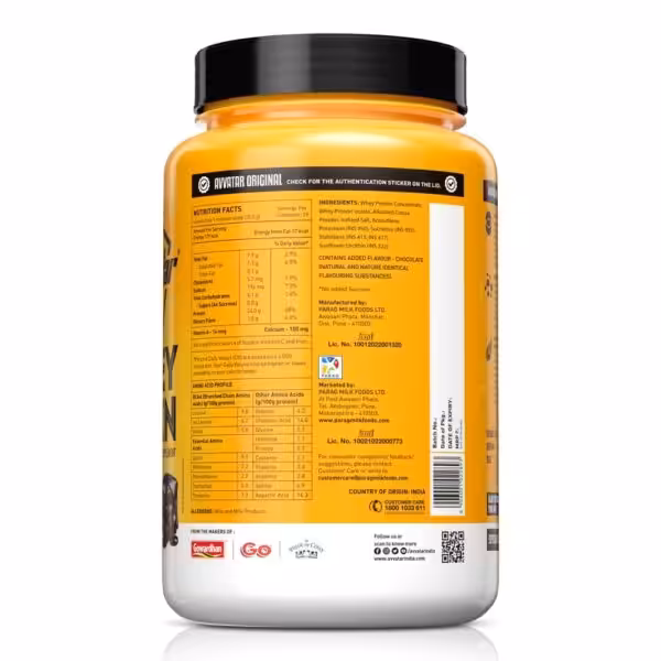 Nutrition facts, ingredients, and amino acid profile on the back label of an Avvatar Original whey protein container