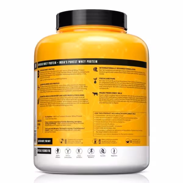 Back label of Avvatar Whey Protein tub detailing product benefits, usage instructions, and safety warnings