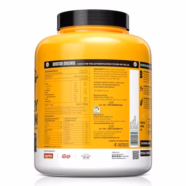 Label of Avvatar Original Whey Protein Chocolate showing nutrition facts, ingredients, and amino acid profile