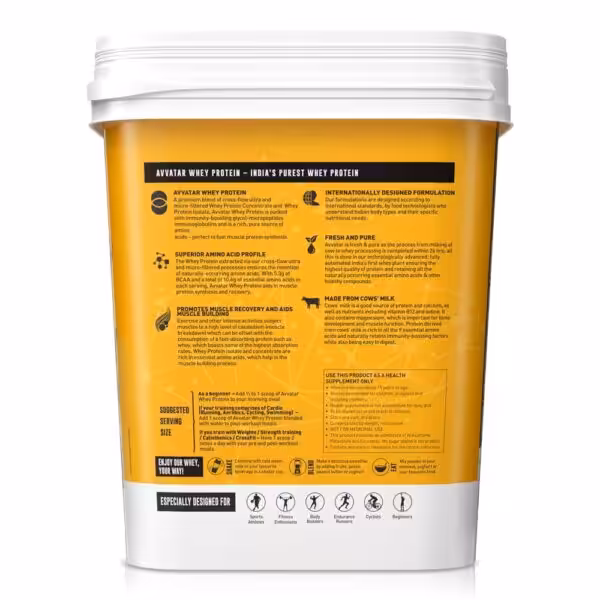 Product label for Avvatar Whey Protein detailing benefits, serving sizes for different activities, and usage methods