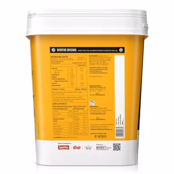 Back label of Avvatar Original protein powder showing nutrition facts, ingredients, and amino acid profile