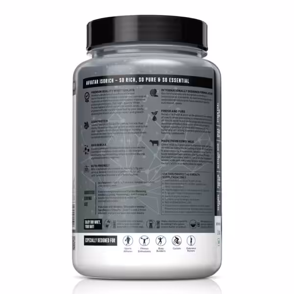 Back label of Avvatar Isorich protein powder detailing product benefits, usage instructions, and target demographics