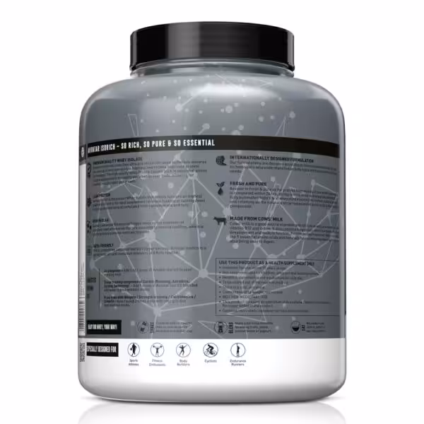 Back label of Avvatar Isorich whey protein isolate tub detailing product benefits, usage instructions, and preparation methods