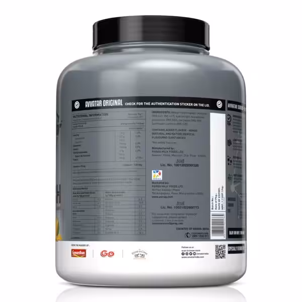 Back label of Avvatar Original whey protein showing nutritional facts, amino acid profile, and ingredients