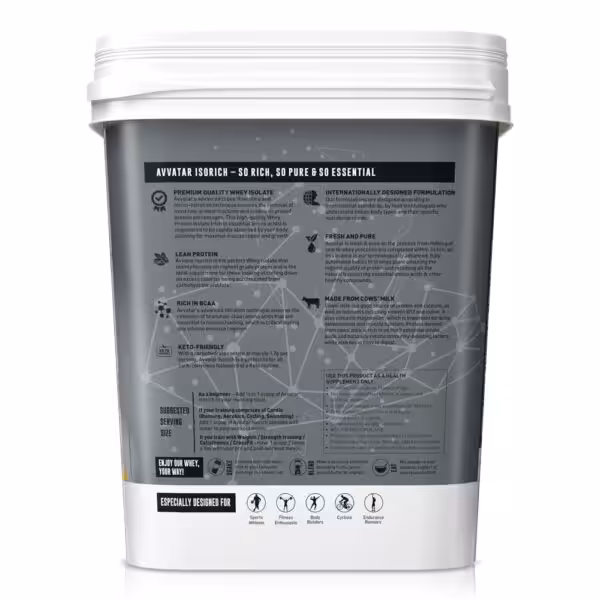 Avvatar Isorich Whey Isolate label detailing nutritional benefits, serving suggestions, and usage instructions