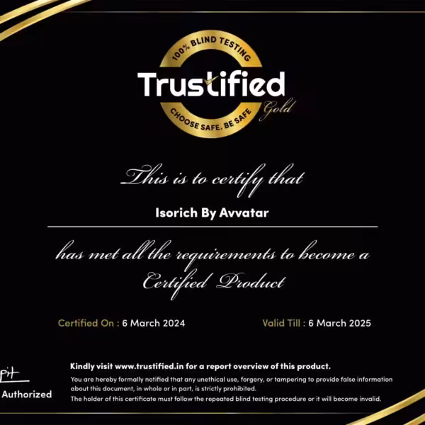 Trustified Gold certificate for Isorich By Avvatar, certified on 6 March 2024, valid until 6 March 2025