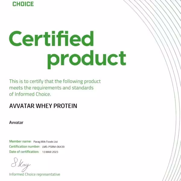 Informed Choice certificate for Avvatar Whey Protein. Certification number: LMS-PSRM-06439. Date: 13 MAR 2023