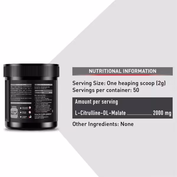 Nutritional Information: Serving size 2g (50 servings). L-Citrulline-DL-Malate 2000mg per serving. No other ingredients