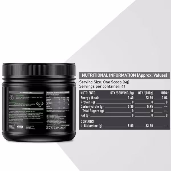 Nutritional facts for MuscleBlaze L-Glutamine: 5g L-Glutamine and 1.40 kcal per 6g serving. 41 servings per container