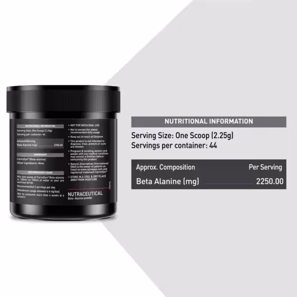 Nutritional information: Serving size 2.25g, 44 servings per container, 2250mg Beta Alanine per serving