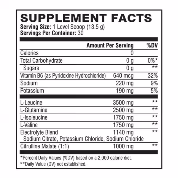 Supplement facts: 0 calories, 7g BCAAs, 2.5g Glutamine, 1g Citrulline Malate, and electrolytes per serving