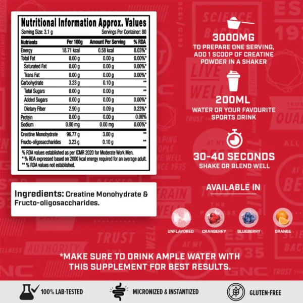 GNC Creatine Monohydrate 3000mg Unflavoured, 250 gm