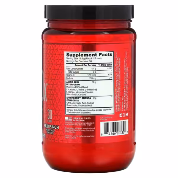 Supplement Facts for Fruit Punch flavor: 30 servings, 10g Amino Acid Interfusion, and 2g Efforsorb Endura Composite