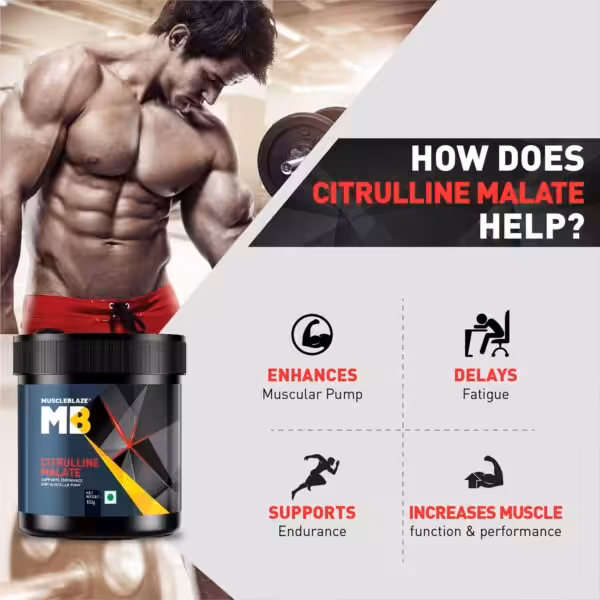 How Citrulline Malate helps: enhances muscular pump, delays fatigue, supports endurance, and increases muscle function and performance