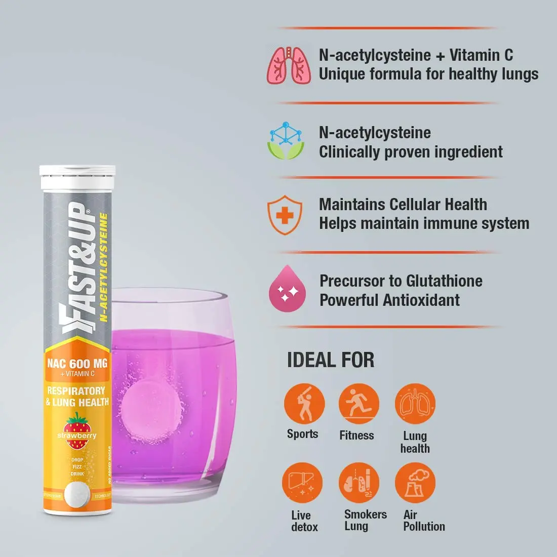 Fast&Up N-Acetylcysteine For Lung Health and Liver Detox, 20 Tablets, Strawberry - Image 3