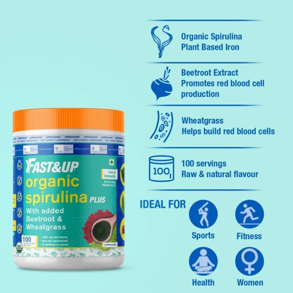 Fast&Up Organic Spirulina Plus Vegan Superfood, 100 Servings, Unflavoured