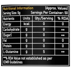 Avvatar L Glutamine, 250G, 50 Servings, Unflavoured