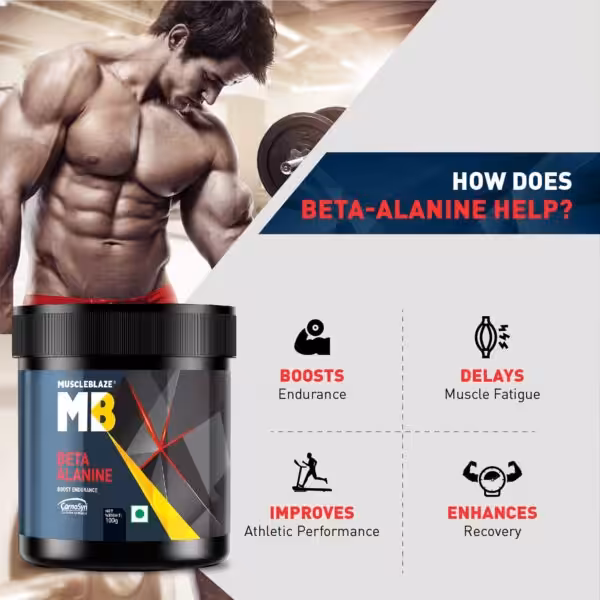 MuscleBlaze Beta Alanine benefits: boosts endurance, delays muscle fatigue, improves athletic performance, and enhances recovery